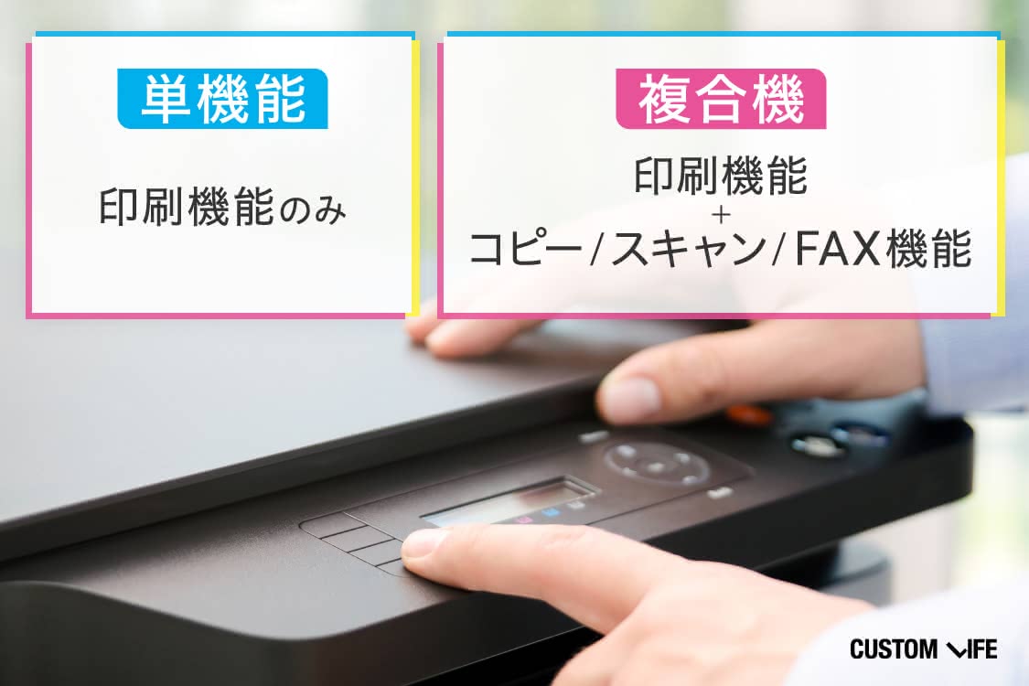 単機能は印刷機能のみ、複合機は印刷機能に加えコピー、スキャン、FAX機能などがついています。