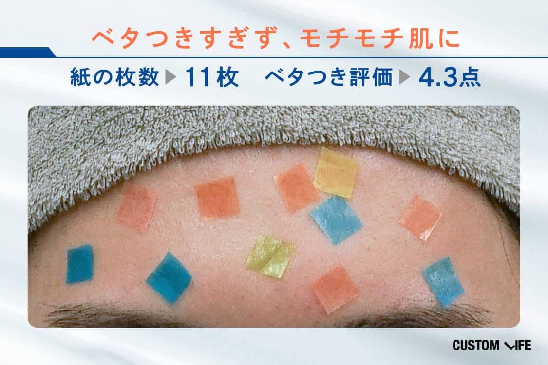 ベタつきすぎず、モチモチ肌に、紙の枚数11枚、ベタつき評価4.3点