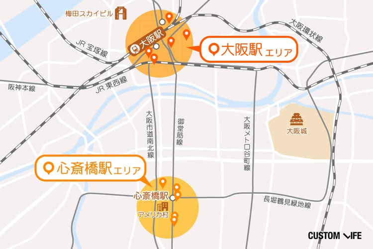 大阪エリアの脱毛店密集地の地図